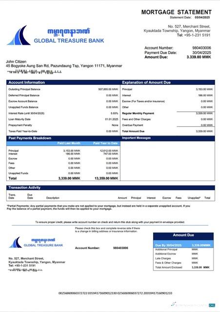 Download Myanmar Global Treasure Bank mortgage statement Word and PDF template Photoshop template